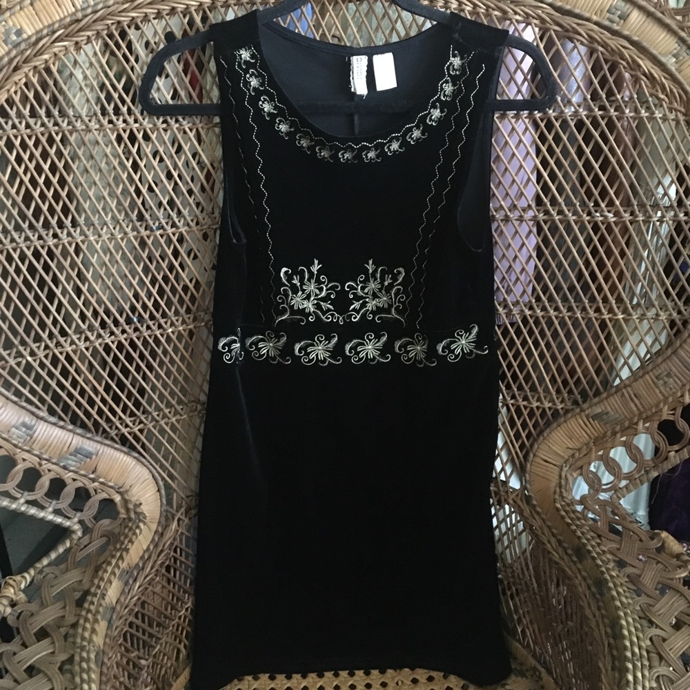 Black velvet gold embroidered mini shift gypsy tight dress